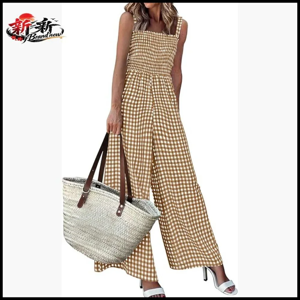 Smocked Wide Leg Gingham Romper, Square Neck, Sleeveless, Pull On